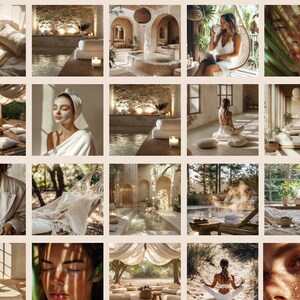 Op de afbeelding: Een raster van afbeeldingen met spa- en wellness-thema's. Sc&egrave;nes omvatten een vrouw met een gezichtsmasker, een persoon die mediteert en spa-omgevingen met zwembaden, kaarsen en hangmatten. Het kleurenpalet is warm, met natuurlijk licht en neutrale tinten.