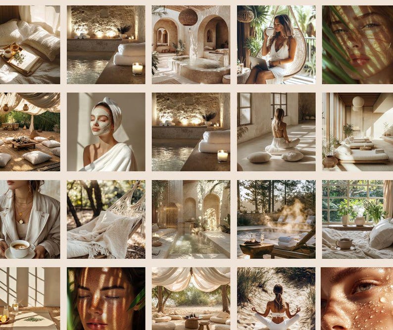 Op de afbeelding: Een raster van afbeeldingen met spa- en wellness-thema's. Sc&egrave;nes omvatten een vrouw met een gezichtsmasker, een persoon die mediteert en spa-omgevingen met zwembaden, kaarsen en hangmatten. Het kleurenpalet is warm, met natuurlijk licht en neutrale tinten.