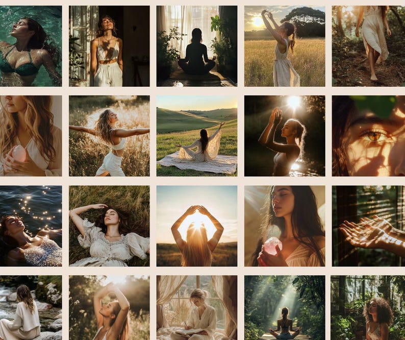 May include: A collage of images featuring women in various poses, including meditation, yoga, and relaxing in nature. The images are all bright and airy, with a focus on natural light and beauty.