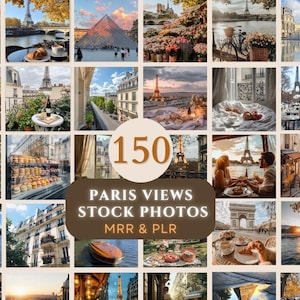 Pu&ograve; includere: Un collage di 150 foto stock che mostrano diverse viste di Parigi, Francia. Le foto mostrano monumenti iconici come la Torre Eiffel, il Louvre e l'Arco di Trionfo, nonch&eacute; strade, ponti e caff&egrave; affascinanti. Il testo "150 Paris Views Stock Photos MRR & PLR" &egrave; visualizzato al centro del collage.