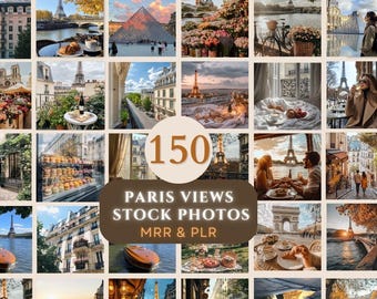 May include: A collage of 150 stock photos showcasing various views of Paris, France. The photos feature iconic landmarks such as the Eiffel Tower, the Louvre, and the Arc de Triomphe, as well as charming streets, bridges, and cafes. The text "150 Paris Views Stock Photos MRR & PLR" is displayed in the centre of the collage.