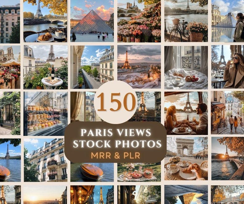 Pu&ograve; includere: Un collage di 150 foto stock che mostrano diverse viste di Parigi, Francia. Le foto mostrano monumenti iconici come la Torre Eiffel, il Louvre e l'Arco di Trionfo, nonch&eacute; strade, ponti e caff&egrave; affascinanti. Il testo "150 Paris Views Stock Photos MRR & PLR" &egrave; visualizzato al centro del collage.