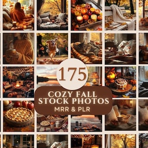 May include: A collage of 175 cosy autumn stock photos for commercial use. The images feature warm colours, cosy blankets, fireplaces, candles, and other autumn-themed elements.  MRR & PLR.