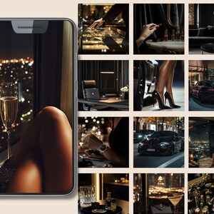 May include: A collage of images featuring a woman's legs, a glass of champagne, a car, a city skyline, and a luxurious interior. The images are arranged in a grid pattern and are all in a dark, moody style.
