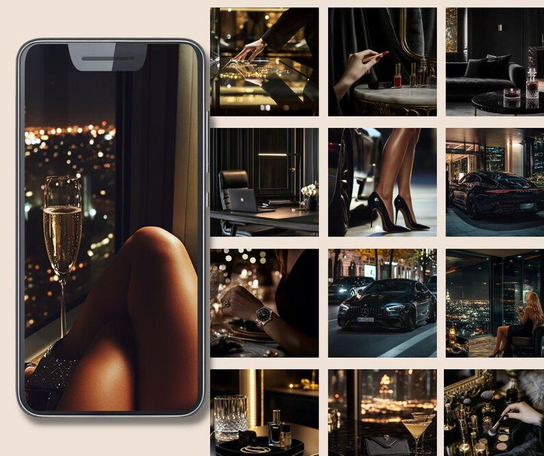May include: A collage of images featuring a woman's legs, a glass of champagne, a car, a city skyline, and a luxurious interior. The images are arranged in a grid pattern and are all in a dark, moody style.