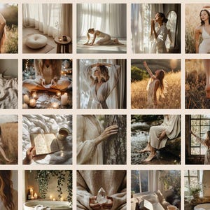 May include: A collage of images featuring a variety of scenes, including a woman in a white dress standing in a field, a woman meditating in a room with candles, and a woman holding a crystal. The images are all in a warm, earthy color palette and evoke a sense of peace and tranquility.