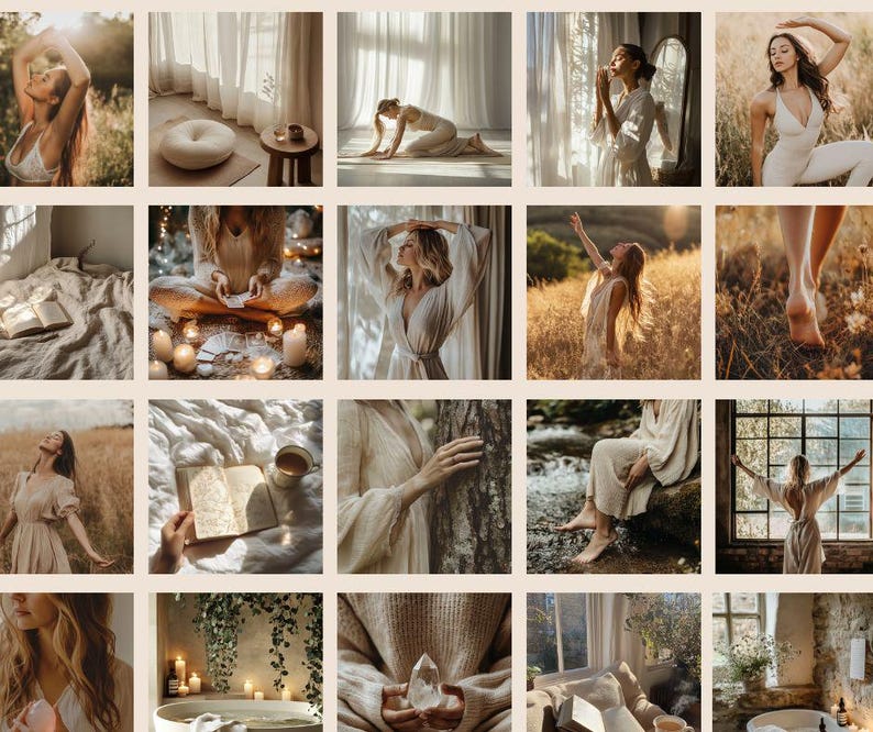 May include: A collage of images featuring a variety of scenes, including a woman in a white dress standing in a field, a woman meditating in a room with candles, and a woman holding a crystal. The images are all in a warm, earthy color palette and evoke a sense of peace and tranquility.