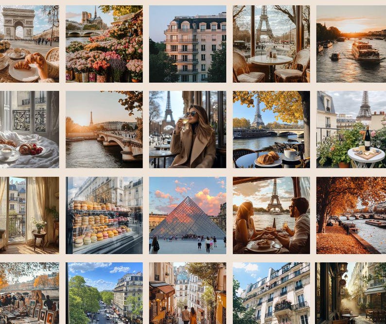 Pu&ograve; includere: Un collage di 16 immagini che mostrano vari aspetti di Parigi, Francia. Le immagini includono monumenti iconici come la Torre Eiffel, l'Arco di Trionfo e il Museo del Louvre. Altre immagini ritraggono incantevoli strade parigine, caff&egrave; e ponti. Il collage cattura la bellezza e il romanticismo della Citt&agrave; della Luce.
