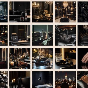 May include: A collage of images showcasing a dark and luxurious aesthetic. The images feature a variety of items, including a black leather handbag, a black car, a black and gold staircase, a black and gold room, and a black and gold bathroom.