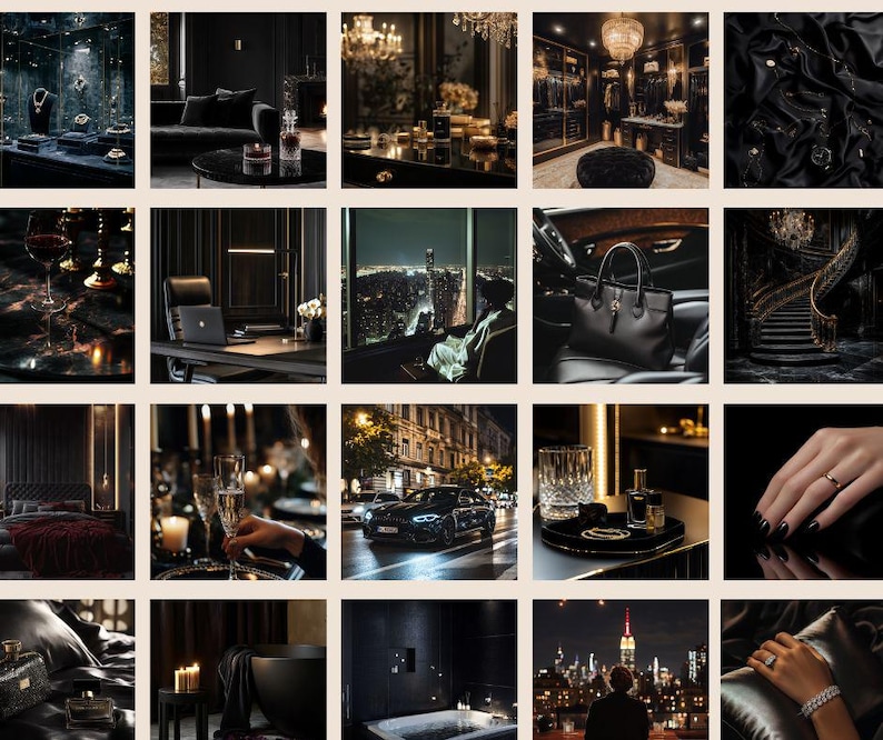 May include: A collage of images showcasing a dark and luxurious aesthetic. The images feature a variety of items, including a black leather handbag, a black car, a black and gold staircase, a black and gold room, and a black and gold bathroom.