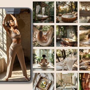 Op de afbeelding: Een collage van afbeeldingen met wellness- en ontspanningsthema's. E&eacute;n afbeelding toont een persoon in beige sportkleding die een yogahouding aanneemt. Andere afbeeldingen tonen een hangmat, een buitenbad en meditatiesc&egrave;nes.
