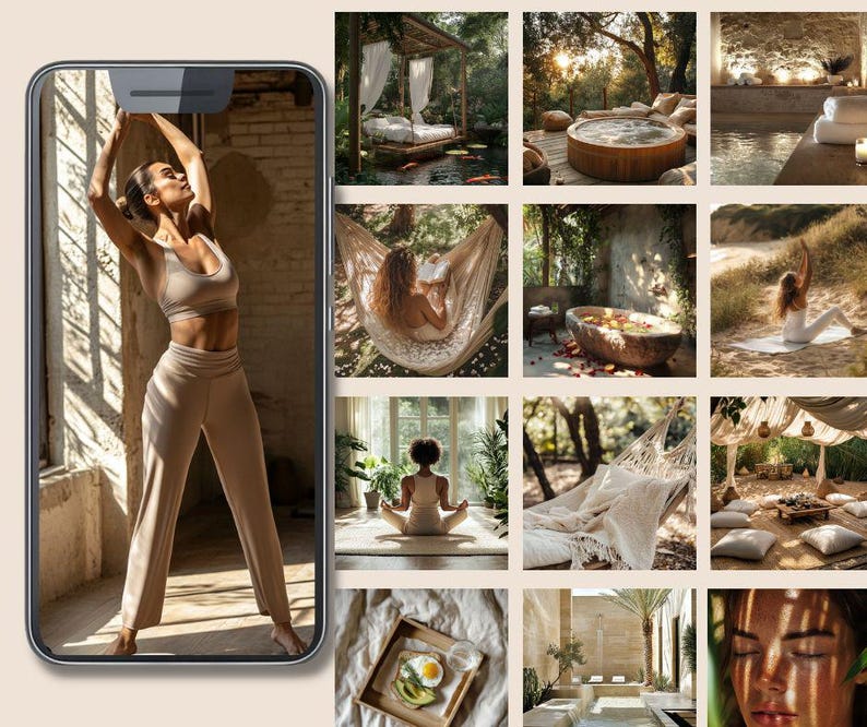 Op de afbeelding: Een collage van afbeeldingen met wellness- en ontspanningsthema's. E&eacute;n afbeelding toont een persoon in beige sportkleding die een yogahouding aanneemt. Andere afbeeldingen tonen een hangmat, een buitenbad en meditatiesc&egrave;nes.