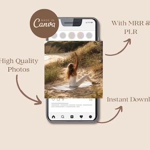 Op de afbeelding: Een smartphone toont een yogahouding op een strand. De afbeelding toont een persoon in witte sportkleding die yoga doet op een mat. Tekst bevat "High Quality Photos", "With MRR & PLR", "Instant Download" en "Made in Canva".