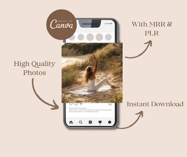 Op de afbeelding: Een smartphone toont een yogahouding op een strand. De afbeelding toont een persoon in witte sportkleding die yoga doet op een mat. Tekst bevat "High Quality Photos", "With MRR & PLR", "Instant Download" en "Made in Canva".
