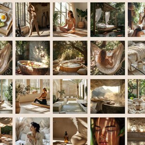 Op de afbeelding: Een collage van afbeeldingen met een spa-achtige esthetiek. Sc&egrave;nes omvatten een persoon die mediteert, een persoon in een hangmat, een persoon in een bad en een persoon in een bed. De afbeeldingen hebben een neutraal kleurenpalet met natuurlijk licht en planten.