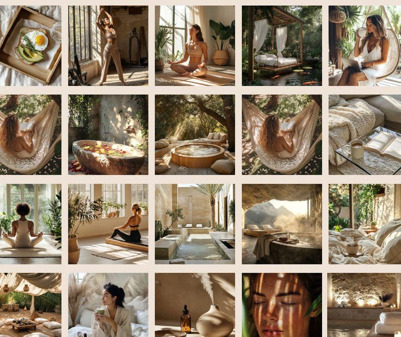 Op de afbeelding: Een collage van afbeeldingen met een spa-achtige esthetiek. Sc&egrave;nes omvatten een persoon die mediteert, een persoon in een hangmat, een persoon in een bad en een persoon in een bed. De afbeeldingen hebben een neutraal kleurenpalet met natuurlijk licht en planten.