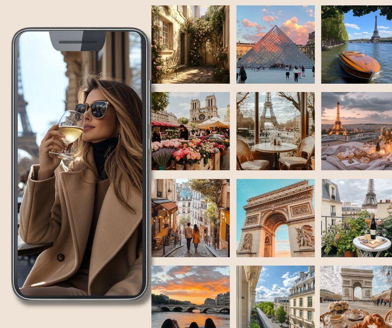 Pu&ograve; includere: Un collage di immagini con vari monumenti parigini, tra cui la Torre Eiffel, il Louvre e l'Arco di Trionfo. Il collage include anche una donna con un cappotto marrone e occhiali da sole, che tiene un bicchiere di vino.