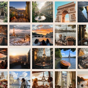 Pu&ograve; includere: Un collage di 16 immagini che mostrano vari aspetti di Parigi, Francia. Le immagini presentano monumenti iconici come la Torre Eiffel, l'Arco di Trionfo e la Senna. Il collage include anche immagini di caff&egrave; parigini, scene di strada e tramonti romantici.