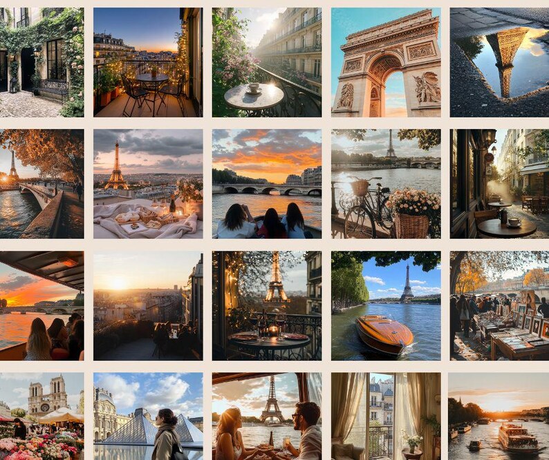Pu&ograve; includere: Un collage di 16 immagini che mostrano vari aspetti di Parigi, Francia. Le immagini presentano monumenti iconici come la Torre Eiffel, l'Arco di Trionfo e la Senna. Il collage include anche immagini di caff&egrave; parigini, scene di strada e tramonti romantici.