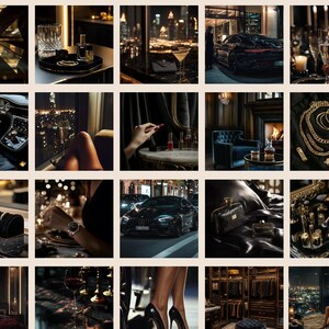 May include: A collage of images showcasing a luxurious lifestyle. The images feature a black car, a glass of champagne, a gold necklace, a woman in a black dress, a fireplace, and a city skyline at night.