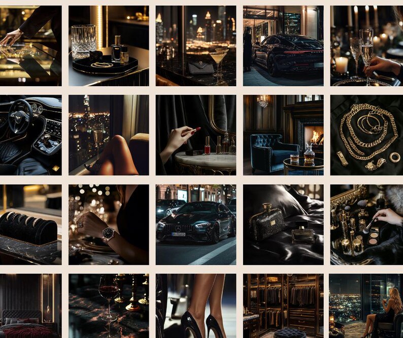 May include: A collage of images showcasing a luxurious lifestyle. The images feature a black car, a glass of champagne, a gold necklace, a woman in a black dress, a fireplace, and a city skyline at night.