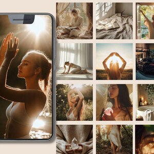 May include: A collage of nine images featuring various scenes of nature, people, and objects. The images include a woman meditating in a forest, a woman practicing yoga in a field, a woman reading a book in a room, a woman standing in a doorway, a car parked in a garage, a crystal on a table, a woman holding a crystal, a woman walking in a forest, and a close-up of a woman's eye.