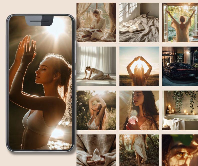 May include: A collage of nine images featuring various scenes of nature, people, and objects. The images include a woman meditating in a forest, a woman practicing yoga in a field, a woman reading a book in a room, a woman standing in a doorway, a car parked in a garage, a crystal on a table, a woman holding a crystal, a woman walking in a forest, and a close-up of a woman's eye.