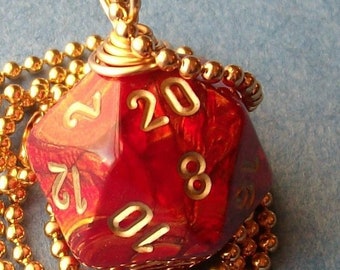 LEGACY D20 Dice Pendant - Scarab Scarlet - Red Gold Geek Gamer DnD Role Playing RPG