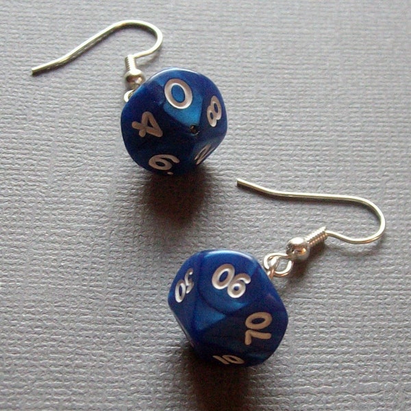 D10 D10P Earrings- Blue Pearl - Geek Gamer DnD Role Playing RPG - Paw & Claw Designs