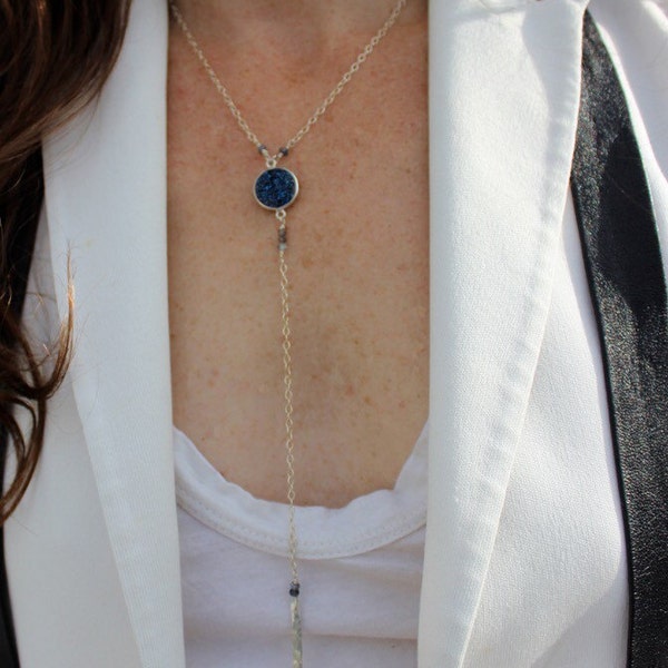 Druzy Blue "Y" Necklace  N-084