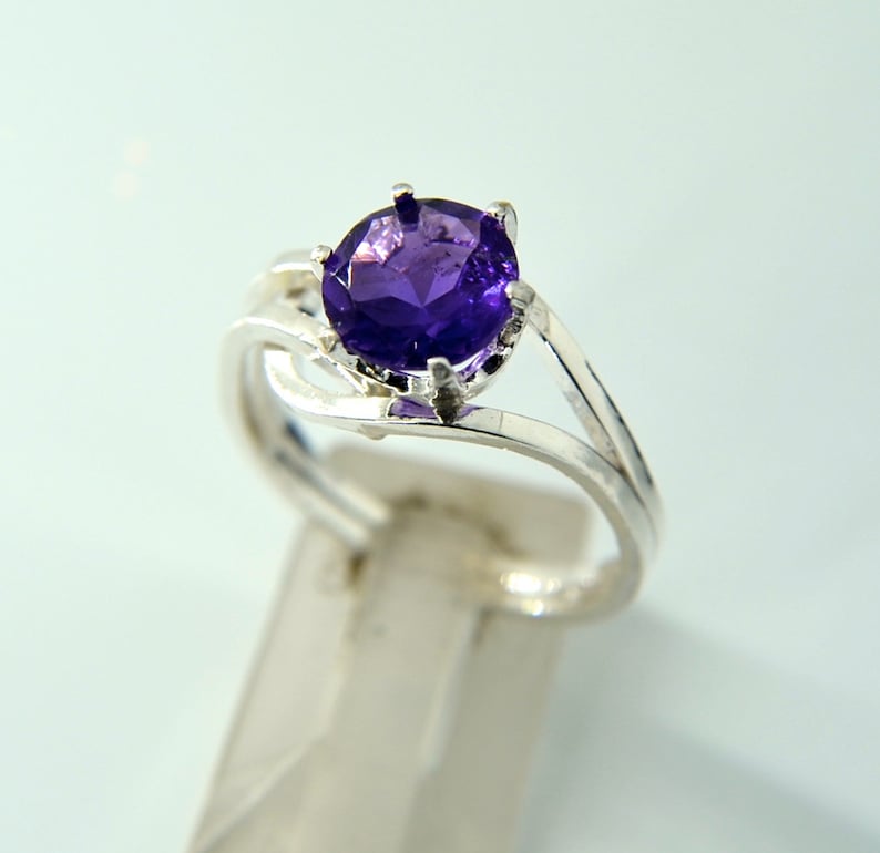 artisan made faceted natural gemstone Amethyst and Sterling Silver ring Enfold