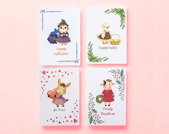 Cute Animal Card Set with envelopes – Valentine’s Day, Easter, Halloween & Christmas Cute Greeting Cards