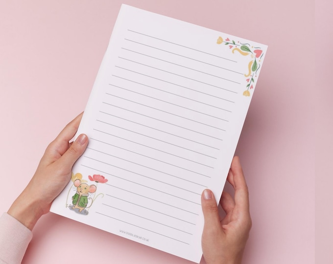 Featured listing image: Cute Mouse Letter Writing Paper – A4 or A5 Lined or Unlined with Envelopes & Stickers