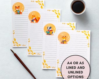 Cozy woodland animal writing paper set - A4 or A5 lined