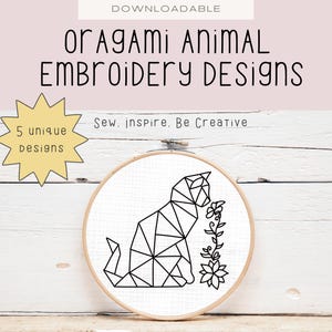 May include: Black and white line art embroidery design of a geometric origami cat with a flower. The design is on a white background and is part of a set of 5 unique origami animal embroidery designs.