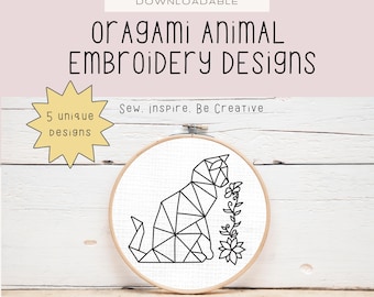 Origami Animal Hand Embroidery Pattern: Geometric Wolf, Cat, Lion (PDF Pattern)