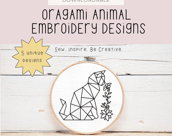 Origami Animal Hand Embroidery Pattern: Geometric Wolf, Cat, Lion (PDF Pattern)
