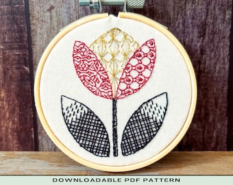 Tulip Hand Embroidery Pattern: Blackwork Style (PDF Downloadable Pattern)