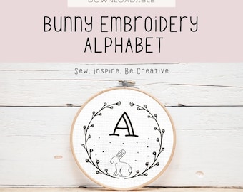 Bunny Floral Alphabet Embroidery Pattern: Letter Monogram (PDF Digital File)