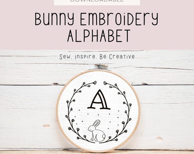 Bunny Floral Alphabet Embroidery Pattern: Letter Monogram (PDF Digital File)