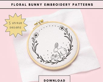 Bunny Embroidery Pattern: Floral Woodland Design (PDF Downloadable File)