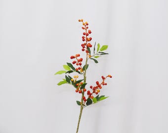 Faux Orange Berry Foliage Stem, Bendable Artificial Autumn Accent for Vase Styling, Holiday Displays, Rustic Interiors, Floral Centerpiece