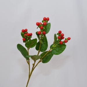 Może przedstawiać: Gałązka sztucznych jagód z zielonymi liśćmi i brązową łodygą. Jagody są w żywym czerwonym kolorze, zgrupowane w małe grupy. Liście są głęboko zielone, a łodyga jest jasnobrązowa.