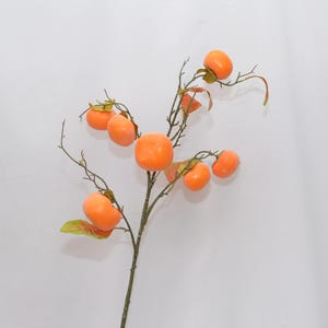 Artificial Persimmon Fruit Stem, Faux Orange Persimmons with Fall Leaves, Realistic Decorative Plant for Home Holiday Decor, Indoor Floral