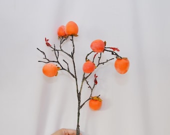 Artificial Persimmon Branch, Faux Fruit Stem for Table Centerpiece, Rustic Autumn Decor, Farmhouse Vase Filler, Fall Home Floral Arrangement