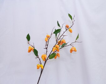 Artificial Mango Fruit Stem with Green Leaves, Faux Mango Branch, Long Decorative Fruit Twig for Tall Floor Vase, Tropical  Wedding Decor