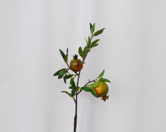 Artificial Pomegranate Branch with Green Fruits, Faux Fruit Stem for Rustic Farmhouse Decor, Kitchen Floral Arrangement, Wedding Centerpiece
