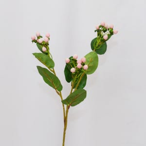 Może przedstawiać: Sztuczna łodyga kwiatowa z kiściami małych, jasnoróżowych jagód i zielonych liści. Jagody są zgrupowane na końcach łodyg, z zielonymi liśćmi wzdłuż łodygi. Łodyga ma jasnobrązowy kolor.