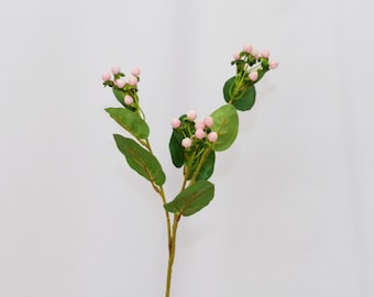 Artificial Pink Hypericum Berry Stem with Leaves, St. John’s Wort Faux Floral Branch, Home Flower Decor, Floral Arrangement Centerpieces
