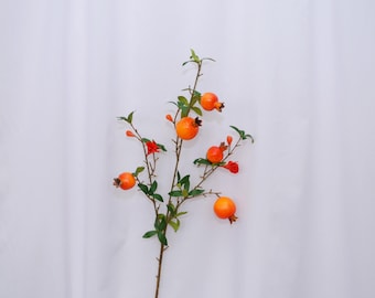 Artificial Flowering Pomegranate Branch, Faux Pomegranate Stem with Leaves for Fall Floral Arrangement, Home Flower Décor, Table Centerpiece